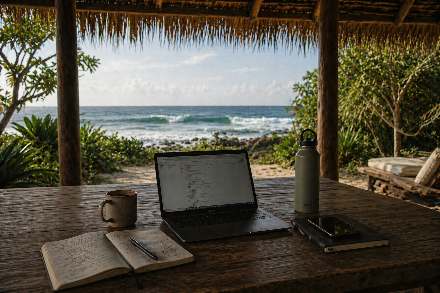 Working from a beach palapa: laptop open on a weathered wooden table with handwritten notebook, ceramic mug, water bottle and phone. Mangrove palms frame the view. Waves and tropical beach in the distance under clear sky.